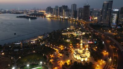 A view of the Al Taqwa Mosque at the Buhaira Corniche in Sharjah, during the evening. Pawan Singh / The National