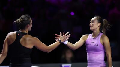 Aryna Sabalenka greets Zheng Qinwen after her straight sets victory at the WTA Finals on Saturday. Getty Images