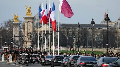 The convoy of Qatar's Emir Sheikh Tamim as he visits in Paris on February 27. AFP