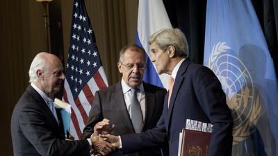 Russian foreign minister Sergei Lavrov, centre, with US secretary of state John Kerry and the UN special envoy for Syria, Staffan de Mistura. Brendan Smialowski / Reuters