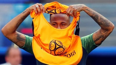 Brazil forward Neymar during training. Brazil take on Mexico in the last 16 of the World Cup in Moscow on Monday. David Gray / Reuters