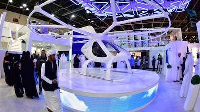 A drone taxi at the Gitex 2017 exhibition at the Dubai World Trade Centre. Omar Al Olama, Minister of State for AI, Digital Economy and Remote Work Applications, has said that the UAE isn't only looking for economic benefits as it seeks to become a leader in the sector. AFP