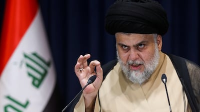 Shiite cleric Moqtada Al Sadr speaks after preliminary results of Iraq’s parliamentary election were announced in Najaf on October 11. Reuters