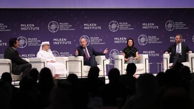 From left to right, John Defterios, Waleed Al Muhairi, Raymond Dalio, Chairman and Co-Chief Investment Officer at Bridgewater Associates, Dina Powell, Goldman Sachs partner and former advisor to the Trump administration, and Adam Boehler, chief executive of US International Development Finance Corporation. EPA