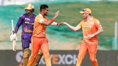 Sanchit Sharma celebrates the wicket of Brandon King