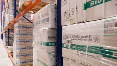 Boxes of vaccines at the Hope Consortium Vaccine Hub in Abu Dhabi.