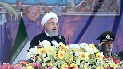 Iran's President Hassan Rouhani speaks at a military parade marking National Army Day in front of the mausoleum of the late revolutionary founder Ayatollah Khomeini, just outside Tehran, Iran, Wednesday, April 18, 2018. Ebrahim Noroozi / AP