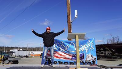 Marek Niewiarowski, who drove down from Montreal, Canada, at the People's Convoy's base in Hagerstown, Maryland.