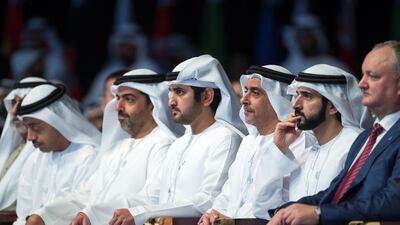 Igor Dodon, President of Moldova (R), Sheikh Hamdan bin Mohammed, Crown Prince of Dubai (2nd R), Lt General Sheikh Saif bin Zayed Al Nahyan, UAE Deputy Prime Minister and Minister of Interior (3rd R), Sheikh Maktoum bin Mohammed bin Rashid, Deputy Ruler of Dubai (4th R), Sheikh Hamed bin Zayed, Chairman of the Crown Prince Court of Abu Dhabi and Abu Dhabi Executive Council Member (5th R), and Sheikh Abdullah bin Zayed, UAE Minister of Foreign Affairs and International Cooperation (6th R), listen to a speech by Narendra Modi, Prime Minister of India (not shown), during the World Government Summit. Ryan Carter / Crown Prince Court - Abu Dhabi