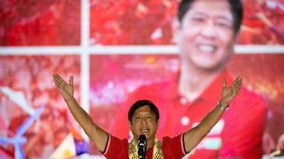 Philippine presidential candidate Ferdinand Marcos Jr delivers a speech during a campaign rally in Lipa last month. Reuters