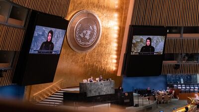 UAE Minister of State for International Co-operation Reem Al Hashimy addresses the 77th Session of the UN General Assembly. Bloomberg