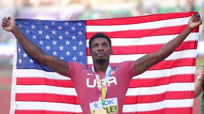 Fred Kerley celebrates after winning gold in the men’s 100m at the World Athletics Championships. Getty