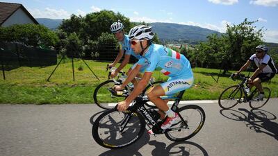 Vincenzo Nibali, centre, rode during a training session with his team, Astana, during yesterday's rest day in the Tour de France on July 15, 2014. Nicolas Bouvy / EPA