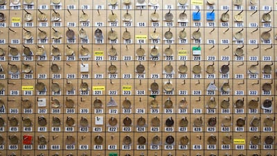 Tokens used to monitor the number of miners entering the mine hang on hooks at the Boulby potash mine. Ian Forsyth / Getty Images