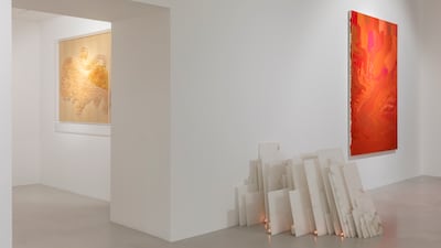 The group show includes a range of established and new regional and internal artists. From left, 'Oxymoron II' by Moataz Nasr; 'Altar' by Elizabet Cervino; and 'Lolingita IV' by Jose Yaque.