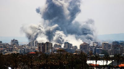 An Israeli airstrike on the outskirts of Tyre, southern Lebanon, on Monday. Lebanon's Prime Minister has accused Israel of pursuing a 'scorched-earth' policy. AFP