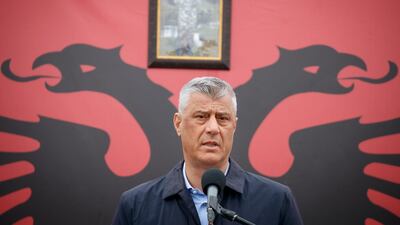 President of the Republic of Kosovo Hashim Thaci holds a speech during the ceremony to mark the 20th anniversary of 113 men killed during the 1998-99 war in the village of Krusha e Vogel, Kosovo. EPA