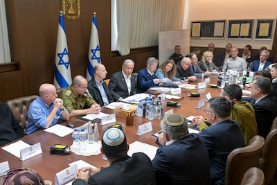 Israeli Prime Minister Benjamin Netanyahu, centre, convenes his security Cabinet to vote on a ceasefire deal in Jerusalem, on January 17. Israeli Government Press Office via AP