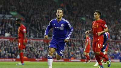 Eden Hazard celebrates after scoring for Chelsea against Liverpool on Wednesday night. Reuters / Andrew Yates