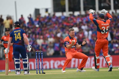 Netherland’s Logan van Beek celebrates the dismissal of Nepal‘s Kushal Bhurtel. AFP