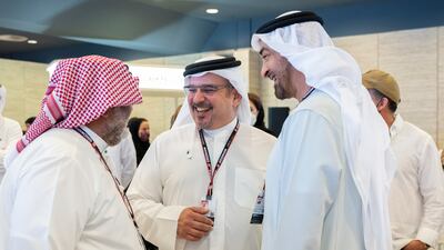 Sheikh Mohamed bin Zayed, Crown Prince of Abu Dhabi and Deputy Supreme Commander of the Armed Forces, speaks with Prince Salman bin Hamad, Crown Prince and Prime Minister of Bahrain, at the Paddock Club at Yas Marina Circuit. Photo: Abdullah Al Neyadi / Ministry of Presidential Affairs