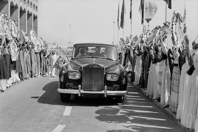 Queen Elizabeth II and Sheikh Rashid bin Saeed arrived in a Rolls-Royce to the inauguration. Getty Images