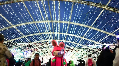 A revellers dressed in a Labubu costume under Christmas lights in Zocalo Square as part of seasonal celebrations in Mexico City. Reuters