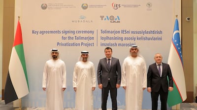 UAE Minister of Energy and Infrastructure Suhail Al Mazrouei, second from left, witnessed the signing of the agreements between Mubadala, Taqa and Uzbekistan. Photo: Taqa