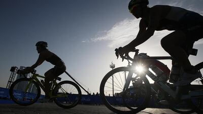 Women cycling in Elite Men’s 2016 ITU World Triathlon yesterday on Abu Dhabi Sailing and Yacht Club on Breakwaters. Ravindranath K / The National