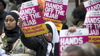 Protesters take part in the Stop Racism demonstration in London on 'Punish a Muslim Day'. Stephen Lock / The National