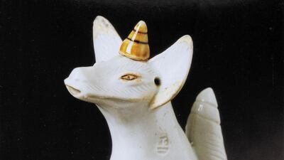 Fox shrine figure Mikawachi, Japan, 1826–75 The fox is a spirit messenger for Inari, the important Shinto deity for rice, harvests, trade and prosperity. © the Trustees of the British Museum