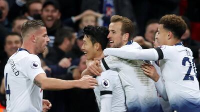 Son Heung-min celebrates his goal with Tottenham teammates. Reuters