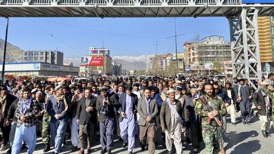 People march in Kabul on November 29, 2019 to protest against alleged fraud in Afghanistan's September 28 presidential election. Hikmat Noori for The National