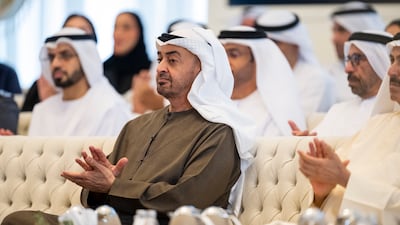 President Sheikh Mohamed attends an event held to explore the use of AI at Qasr Al Bahr. Ministry of Presidential Affairs