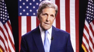 Former U.S. Secretary of State John Kerry speaks during the virtual Democratic National Convention seen on a laptop computer in Tiskilwa, Illinois, U.S. Bloomberg