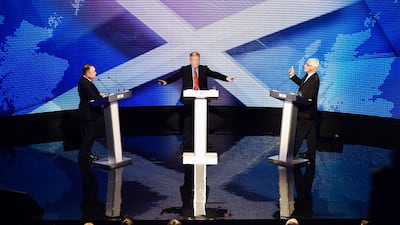 Alex Salmond, then first minister of Scotland, and Mr Darling, then chairman of Better Together take part in a live television debate in Glasgow, in 2014. They were trying to influence voters before the referendum on whether Scotland should be an independent country