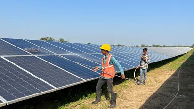 Workers clean panels at a solar park in Modhera, in the western state of Gujarat, India. Reuters