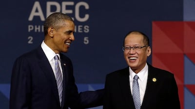 Philippine president Benigno Aquino greets US president Barack Obama as he arrives for the Asia-Pacific Economic Co-operation leaders' meeting in Manila on November 19, 2015. AFP