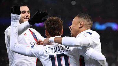 From left: Mauro Icardi, Neymar and Kylian Mbappe celebrate Paris Saint-Germain's Champions League victory over Galatasaray. AFP