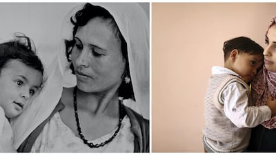 A combination picture shows a Palestinian woman holding a child at UNRWA's health centre in Rafah camp in the southern Gaza Strip, in this handout photo believed to be taken in 1969 and a Palestinian woman holding a child at UNRWA's health centre in Rafah camp in the southern Gaza Strip, September 3, 2019. REUTERS