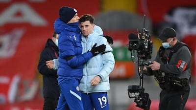 Chelsea's head coach Thomas Tuchel, left, celebrates with his Mason Mount after defeating Liverpool. AP