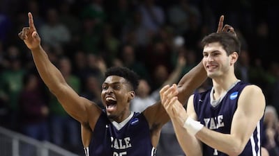 PROVIDENCE, RI - MARCH 17: Brandon Sherrod #35 of the Yale Bulldogs and Anthony Dallier #1 celebrate defeating the Baylor Bears 79-75 during the first round of the 2016 NCAA Men's Basketball Tournament at Dunkin' Donuts Center on March 17, 2016 in Providence, Rhode Island. Maddie Meyer/Getty Images/AFP== FOR NEWSPAPERS, INTERNET, TELCOS & TELEVISION USE ONLY ==
