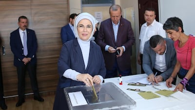 Turkey's First Lady Emine Erdogan casts her vote. Erdem Sahin / EPA