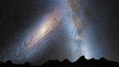 A rendering of the predicted merger between the Milky Way and the Andromeda galaxy. Nasa
