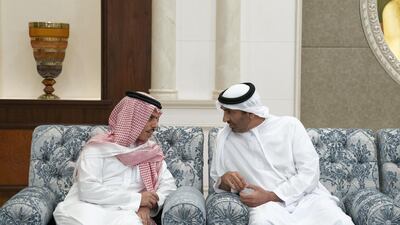 Sheikh Saeed bin Zayed, Abu Dhabi Ruler's Representative, speaks to a mourner at Al Mushrif Palace.