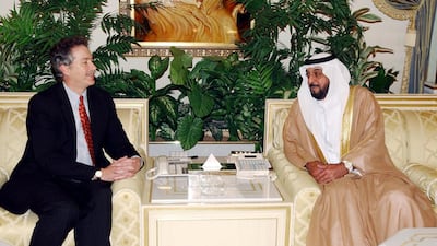 Picture released by the official WAM news agency shows William Burns (L), Assistant US Secretary of State for Near East Affairs, meeting with the Crown Prince of Abu Dhabi Sheikh Khalifa bin Zayed al-Nahyan in Abu Dhabi 21 March 2004. The two men discussed "the latest regional and international developments" and "exchanged views on current events in the Middle East," notably in Iraq, WAM said. (Photo by WAM / AFP)