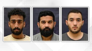 From left, suspects Ahmed Ahmed Hussain Madan, 24, Muntadhar Abdulmohsen Ali Madan, 29, and Hassan Abdulameer Ashoor, 22. Photo: BNA
