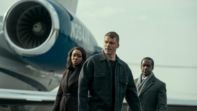 The Night Agent. (L to R) Amanda Warren as Catherine Weaver, Gabriel Basso as Peter Sutherland, Albert Jones as Deputy Director Aiden Mosley in episode 302 of The Night Agent. Cr. Christopher Saunders/Netflix © 2025