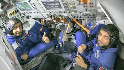 Hazza Al Mansoori (left) and Sultan Al Neyadi undergo training for their mission to space. Courtesy: Mohammed bin Rashid Space Centre