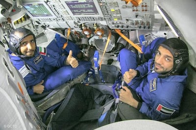 Hazza Al Mansouri (left) and Sultan Al Neyadi undergo training for their mission to space. Courtesy Mohammed bin Rashid Space Centre